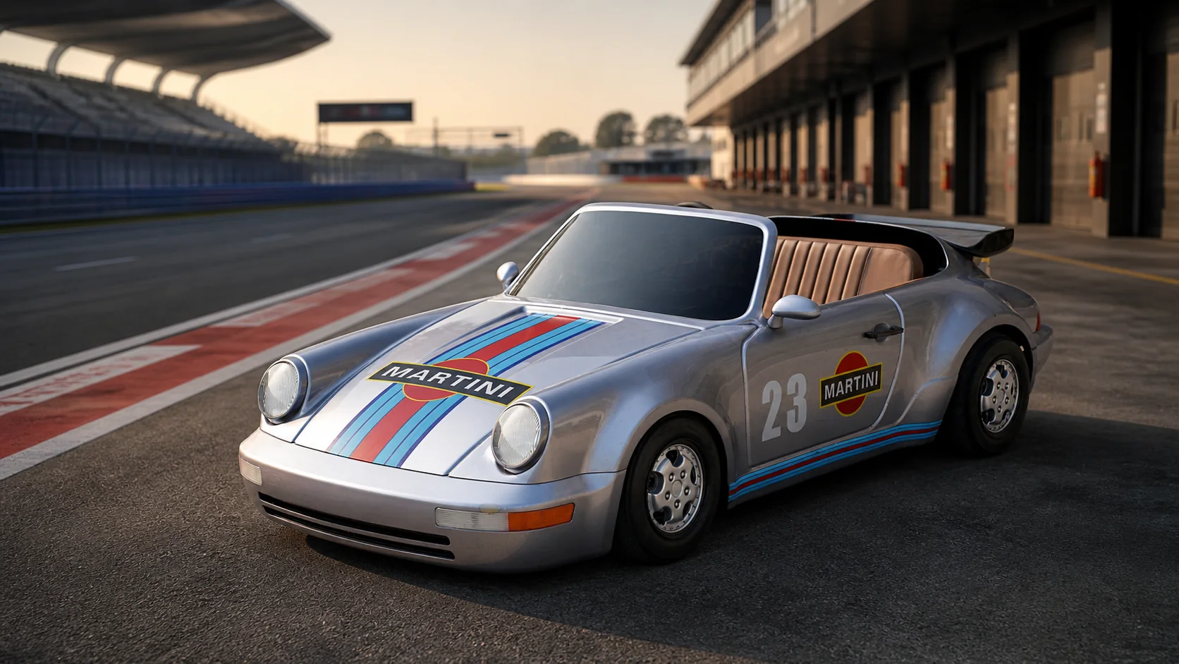Silver 964-inspired electric ride-on vehicle at a professional race circuit
