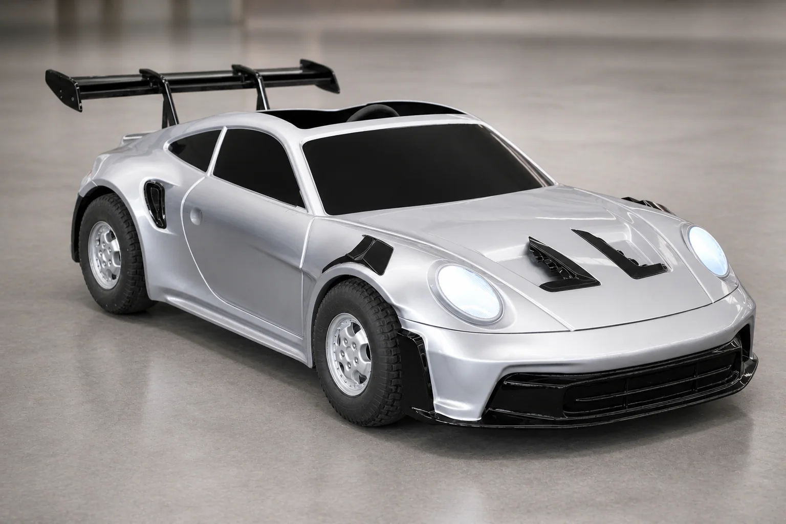 Premium silver GT3 electric go kart front three-quarter view on a clean studio floor